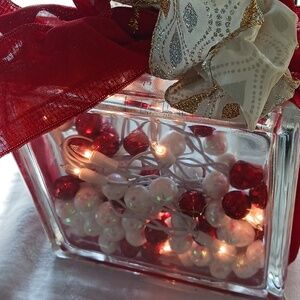 Festive Red and White Decorative Glass Square Block Display Piece
